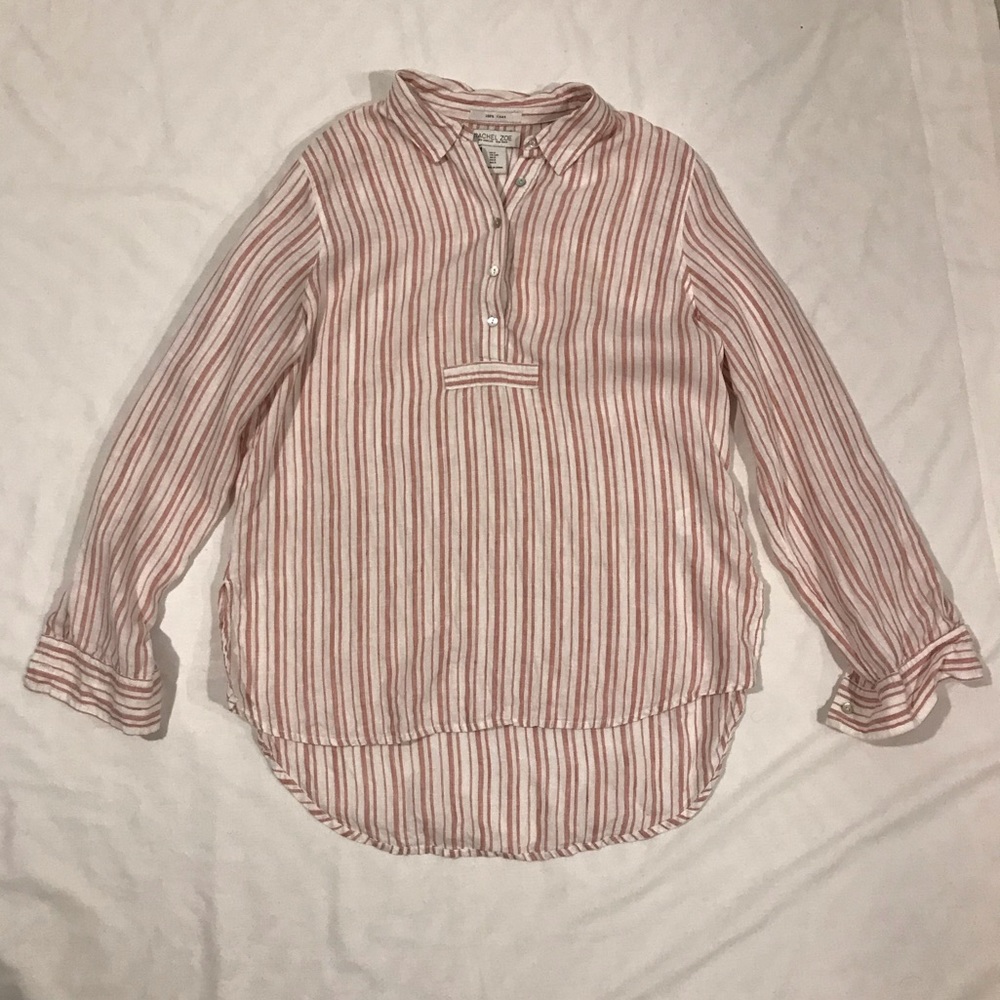 Rachel Zoe Linen Popover Blouse Womens S Striped Collared Roll Tab Pink White